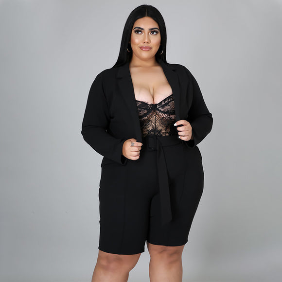 Plus Size Top Shorts Suit Solid Color Women Fashion Casual Polo Collar Cardigan