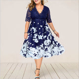 Plus Size Dress Printed V-neck Lace Stitching Banquet Party  Women Clothing Dress