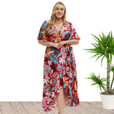 Plus Size Women Summer Short Sleeve Printed Wrap Dress