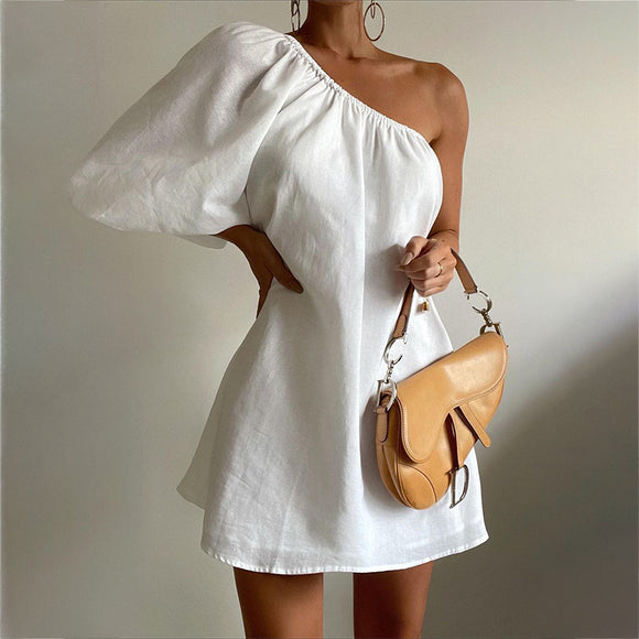 Spring Women Clothing Loose Slimming Oblique Shoulder Cotton Linen Dress