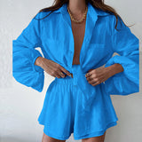 Summer Women Casual Solid Color Ruffles Shorts Long Sleeve Suit