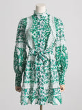 Spring Summer French Stand-up Collar  Lace Lace up Waist Controlled Slimming Lantern Sleeves Dress Stitching Short Dress
