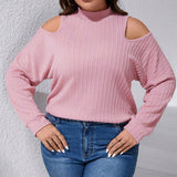 Plus Size Women Clothes Autumn Winter Texture Knitted Long Sleeve Half Turtleneck Off Shoulder T Shirt Top
