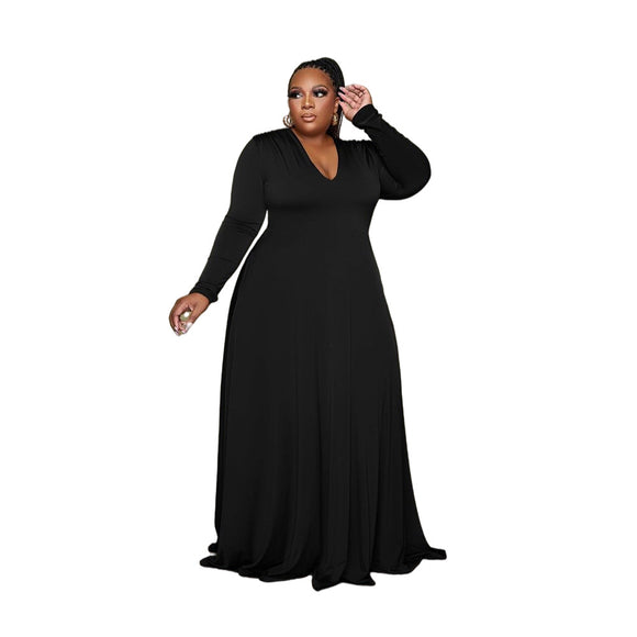 Plus Size Popular   Woman Solid Color V-neck Long Sleeve Mop Formal Dress