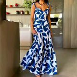 Spring Women High Waist Strap Long Printed Dress