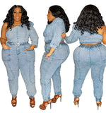 Plus Size Women Clothing Spring Sexy Shoulder Single Sleeve Washing Gray Series Fashion Suit