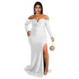 Plus Size Women Clothes Sexy Dress Nightclub V neck Formal Dress Pure Color Split Maxi Dress Autumn Winter High Split