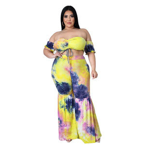 Plus Size Plus Size Women Sexy Print Pleating Bandage Bell-Bottom Pants Suit