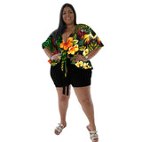 Plus Size Spring Autumn Women Clothing  Two-Piece Suit Printing Casual T-shirt Shorts Set