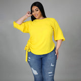 Plus Size Summer Solid Color round Neck Women Woman T shirt Irregular Asymmetric Medium Long Sleeve Top