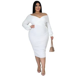 Plus Size Woman  Women V-neck Solid Color Midi Dress Sexy Dress
