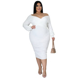 Plus Size Woman  Women V-neck Solid Color Midi Dress Sexy Dress