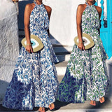 Women Wear  Summer Halterneck Tropical Leaf Printed Loose Dress for Women