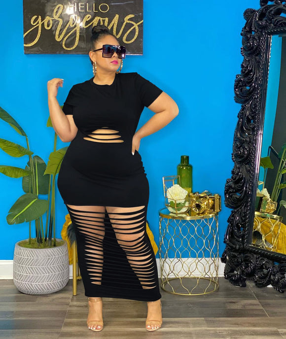 Plus Size Sexy Holes Solid Color Nightclub Dress