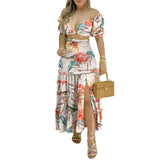 Low cut top printed high waist split dress