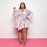 Plus Size Printed V-neck Sexy Woven Large Swing Skirt with Belt  Women Dress