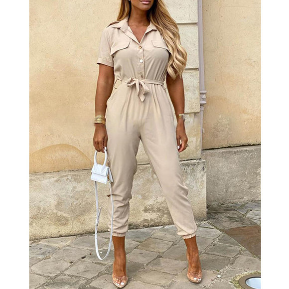 Women Clothing Trousers Casual Collared Button Printed Belt Cargo Overalls Plus size