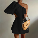 Spring Women Clothing Loose Slimming Oblique Shoulder Cotton Linen Dress