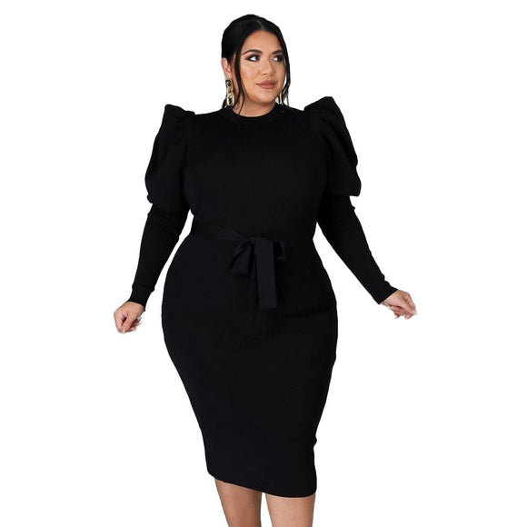 Plus Size Women Clothing Long Sleeve Belt Slim Fit  Dress