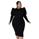 Plus Size Women Clothing Long Sleeve Belt Slim Fit  Dress