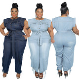 Plus Size Women  Clothing  Autumn New Denim Short Sleeve Wash Jumpsuit Trousers Sexy  New