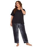 Plus Size Pajamas Women Summer V-neck Leopard Print Short Sleeve Trousers Two-Piece Suit Large Home Wear