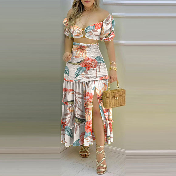 Low cut top printed high waist split dress