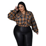 Plus Size Nightclub Uniforms Asymmetric Drop Shoulder Pocket Cotton Plaid Top