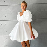 Off Neck Short Dress for Women Summer Puff Sleeve High Waist A  line Dress  French Princess Dress for Women