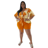 Plus Size Spring Autumn  Two-Piece Suit Printed Casual T-shirt Shorts Set