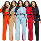 Women Clothing  Front Short Back Long Ruffled Zipper Pocket Straight-Leg Pants Two-Piece Set