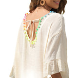 Plus Size Seaside Holiday Blouse Outer Wear Multicolored Tassel Stitching Loose Beach Dress
