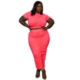Plus Size Plus Size Women Solid Color Pleated Super Elastic Skirt Set Two-Piece Set