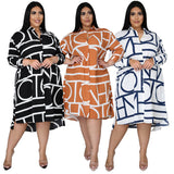 Plus Size Printing Pleating Waist Shirt  Dress for Women