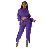cropped Hooded Sweater Tassel Edge Thinner Pants Autumn Winter two piece set