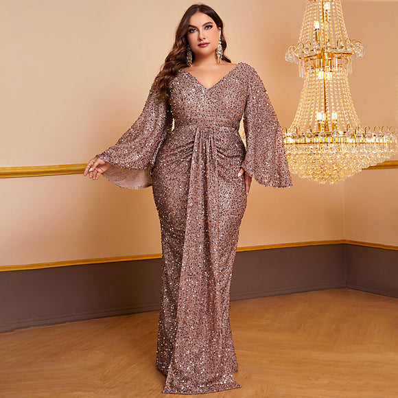 plus Size Ladies Cocktail Dress Sequined Long Sleeve V-neck Pleated Dress Hip Dress