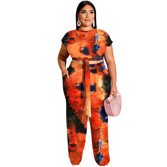 Plus Size Tie-Dye Printed Lace up Casual Set  Women Two-Piece Suit