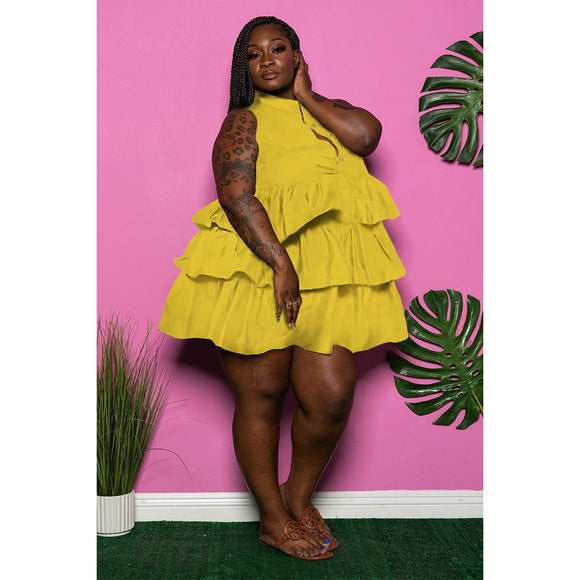 Plus Size Plus Size Women Solid Color Buttons Sleeveless tiered dress