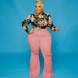 Plus Size Spot Hole Speaker Solid Color Street Trendy  Women Jeans