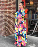 Plus Size Popular  Classic Color Matching Printed Waist Controlled Sexy V Neck Large Swing Dress Belted