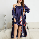 Plus Size Summer Imitated Silk Pajamas Sexy Lace Bathrobe Slip Nightdress Two Piece Women Ice Silk Nightgown