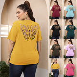 Plus Size Women Sexy Backless Butterfly Hollow Out Cutout out Burnt Top Crew Neck Casual T-shirt
