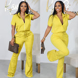 Women Clothing Spring Summer Short Sleeve Zipper Top Suit  Pants Casual Two Piece Suit