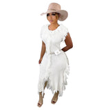 Women Clothing Casual   Solid Color Knitted Sleeveless Tassel Dress