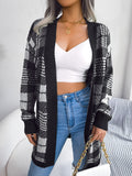 Autumn Winter Plaid Lace up Lantern Sleeve Casual Cardigan Sweater Coat Women Clothing