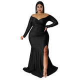 Plus Size Women Clothes Sexy Dress Nightclub V neck Formal Dress Solid Color Split Maxi Dress Autumn Winter Women