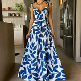 Spring Women High Waist Strap Long Printed Dress