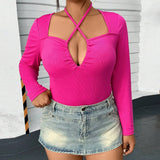 Women Clothing Autumn Winter Sexy Hollow Out Cutout Out Halter Slim Fit Long Sleeved T Shirt Top