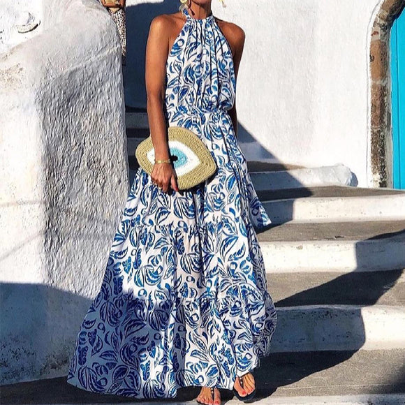 Women Wear  Summer Halterneck Tropical Leaf Printed Loose Dress for Women