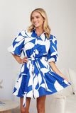 Shirt  Polo Collar Lantern Short Sleeve Belt Holiday Floral Print Dress